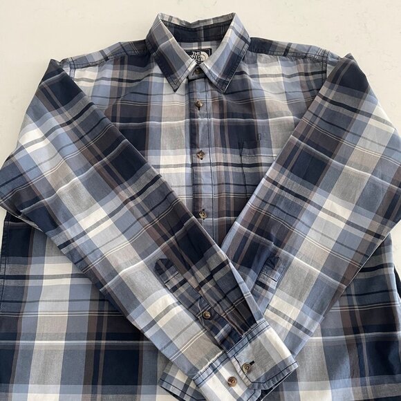 The North Face Casual LS Button Down Plaid 100% Cotton Shirt Blues + White Sz L - Picture 5 of 13